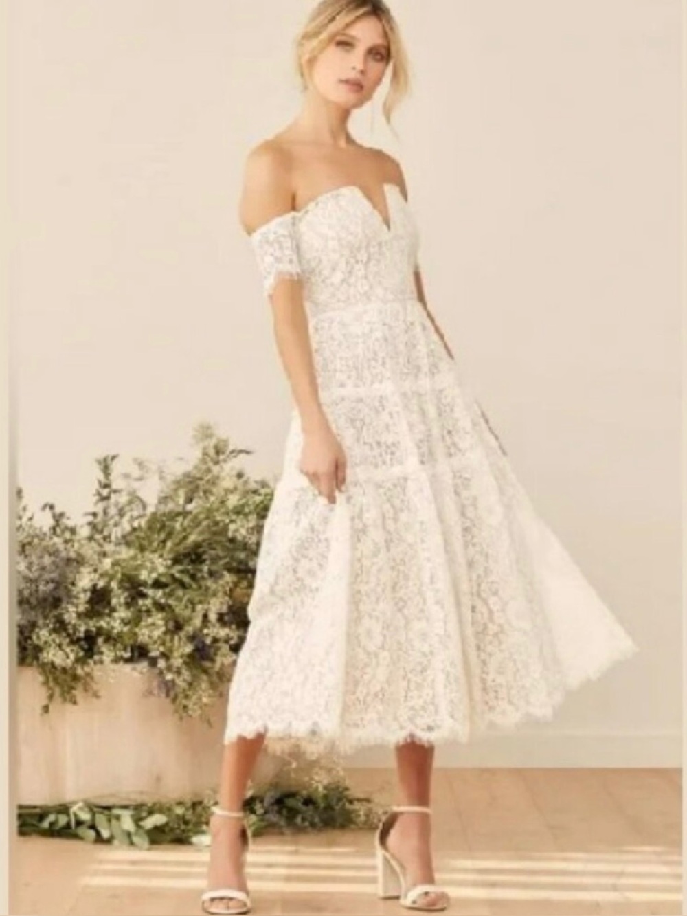 Lulus Absolutely Stunning White Lace Off-the-Shoulder Midi Dress Size M